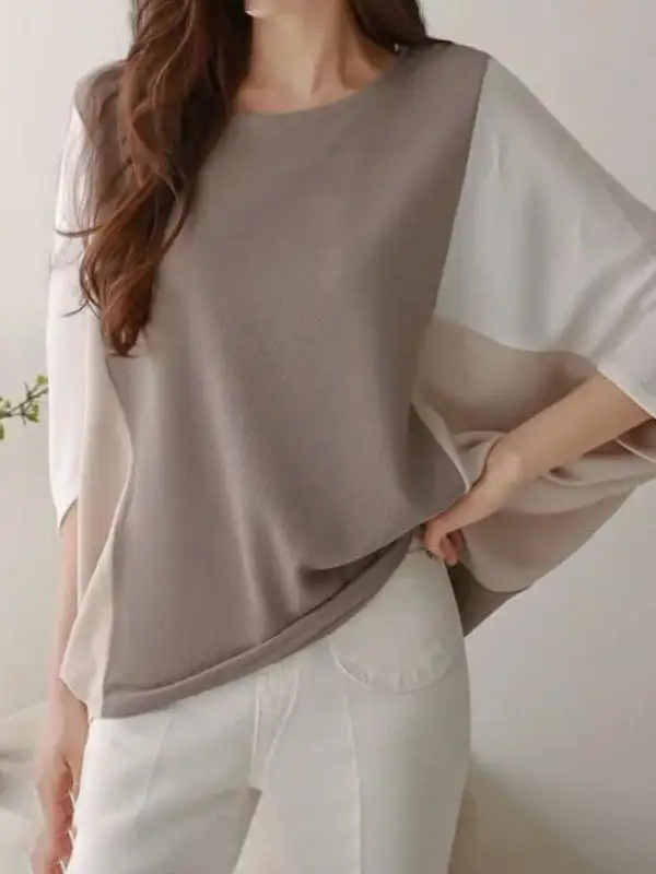 Batwing Sleeve Relaxed Contrast Panel Detail Round Neck T-Shirt