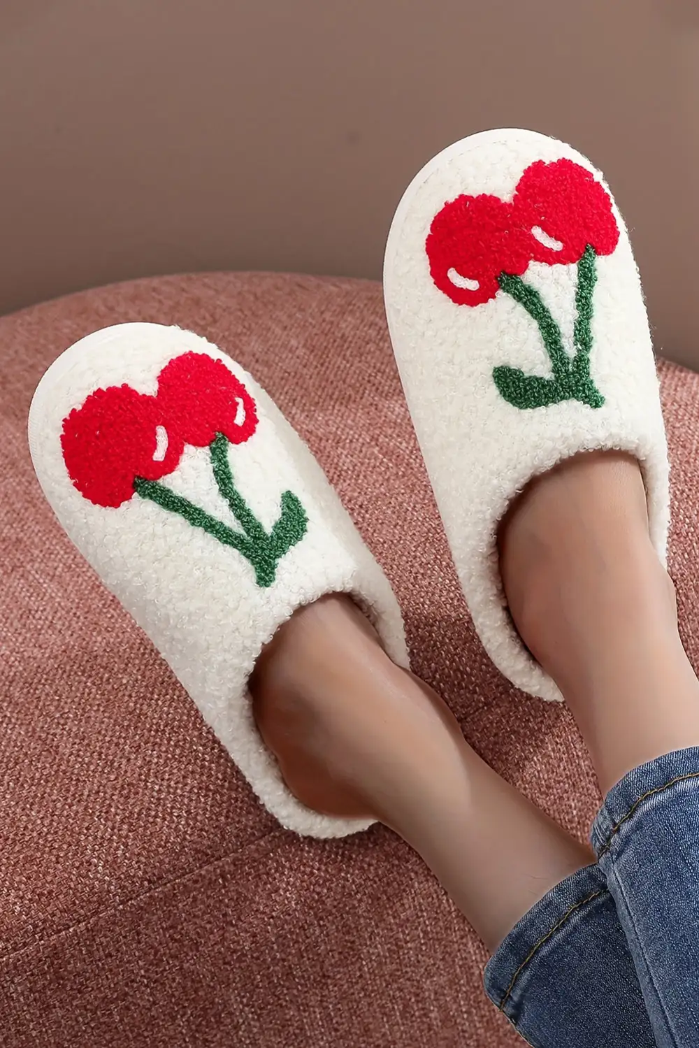 Cute Fruit Cherry Pattern Winter Plush Slide Slippers