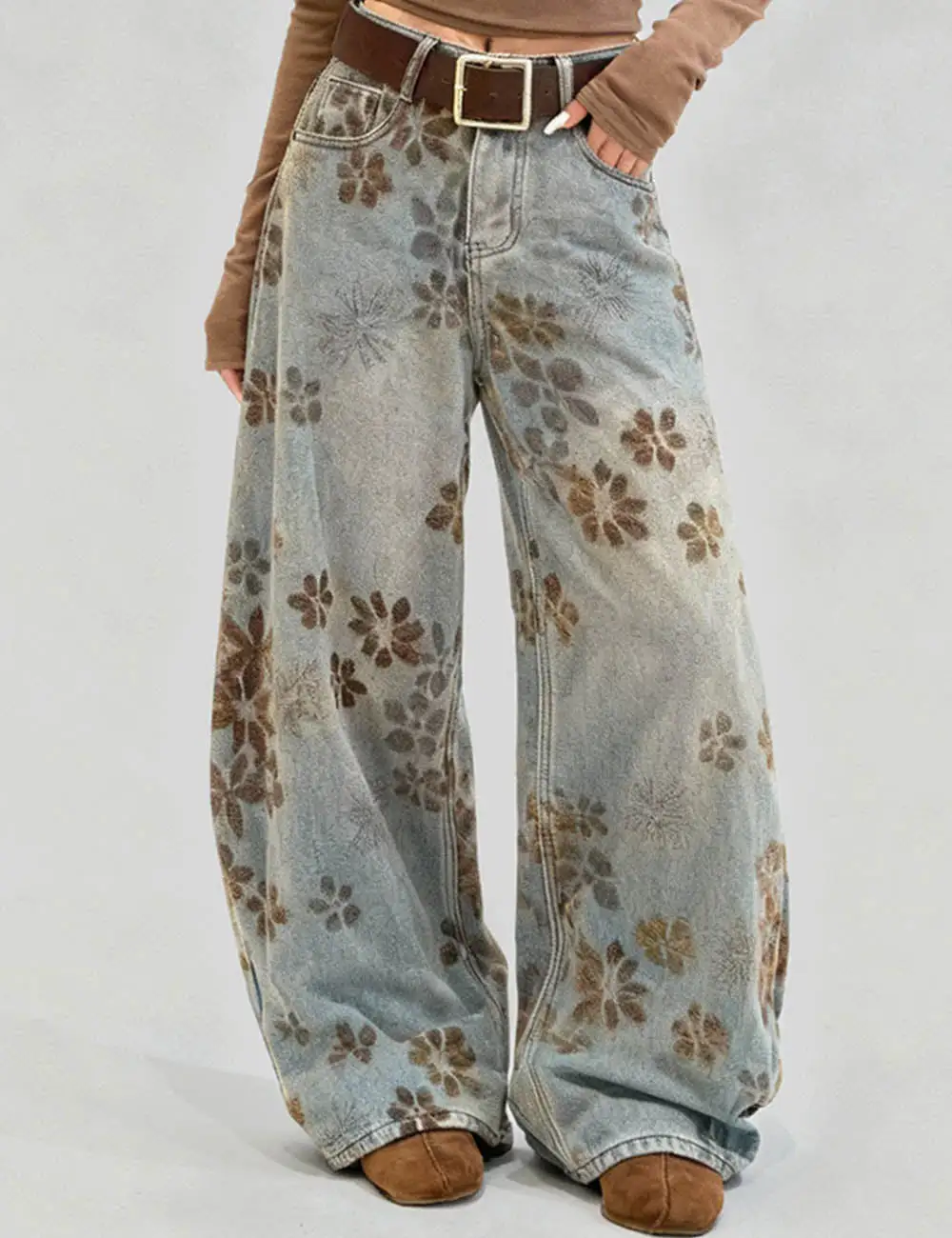 Floral Print Fleece Lined Wide Leg Barrel Denim Pants