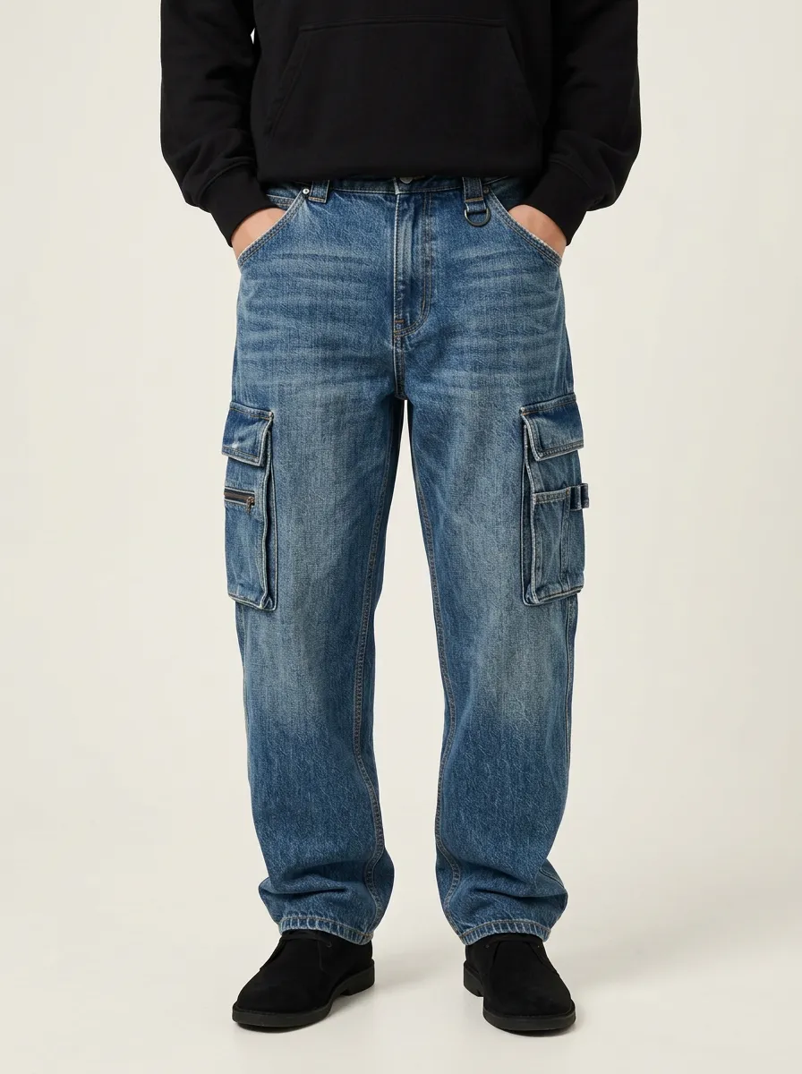 Men's Mid-Blue D-Ring Relaxed Denim Cargo Pants