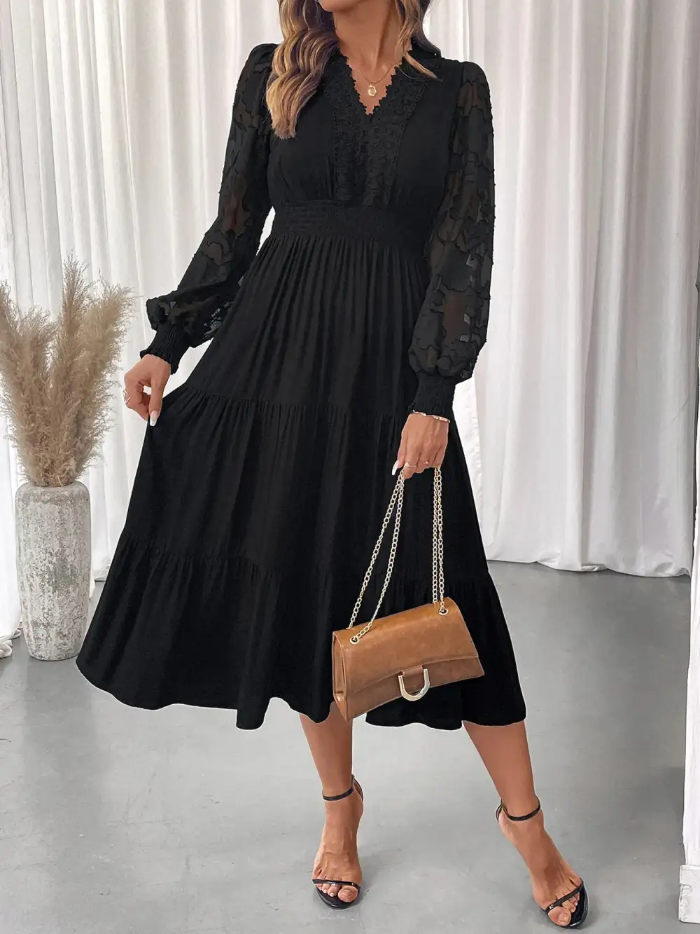 Lace Tiered Lantern Sleeve Dress Casual