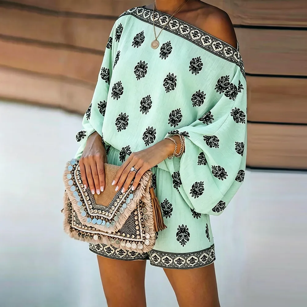 Women's 2 Pieces Outfit Boho Lantern Sleeve Linen Top and Shorts Set