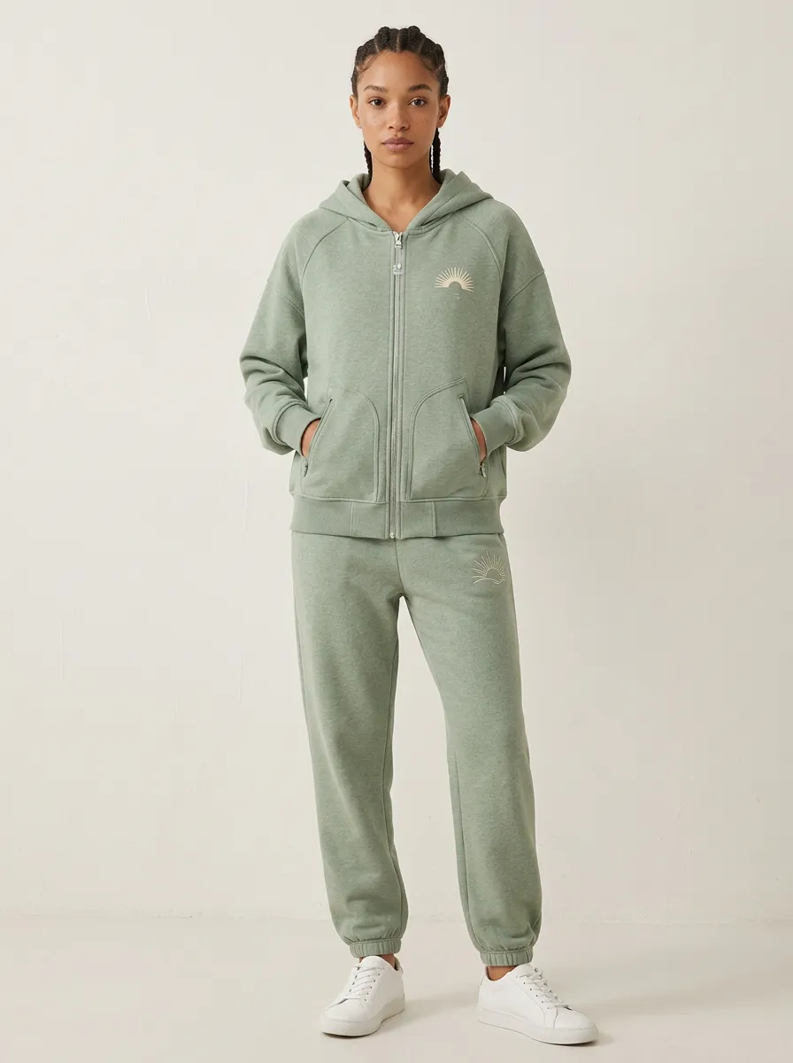 Women's Sage Green Elastic-Waist Joggers Relaxed Fit Zip-Up Hoodie Jacket & Jogger Set