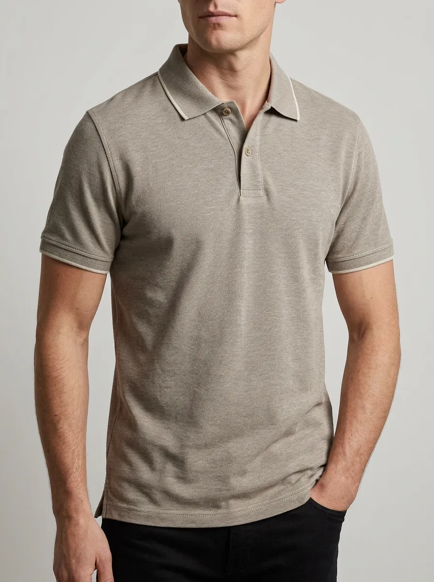 Men's Casual Minimalist Solid Beige Contrast Trim Polo Shirt