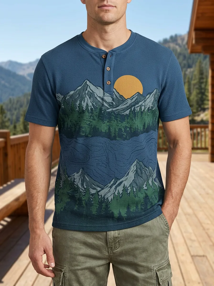 Men's Classic Mountain Forest Sunset Henley T-Shirt