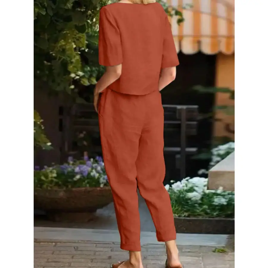 Relaxed Round Neck Short Sleeve Top and Pants Set