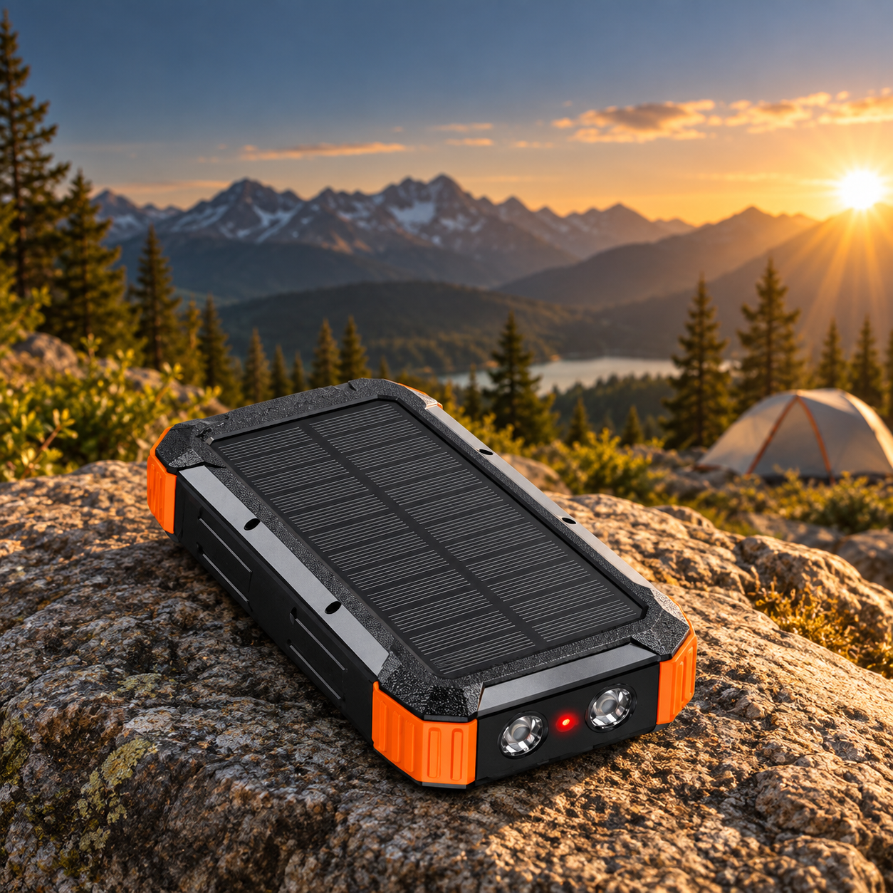 Solar-panel face and dual LED lights of the outdoor power bank