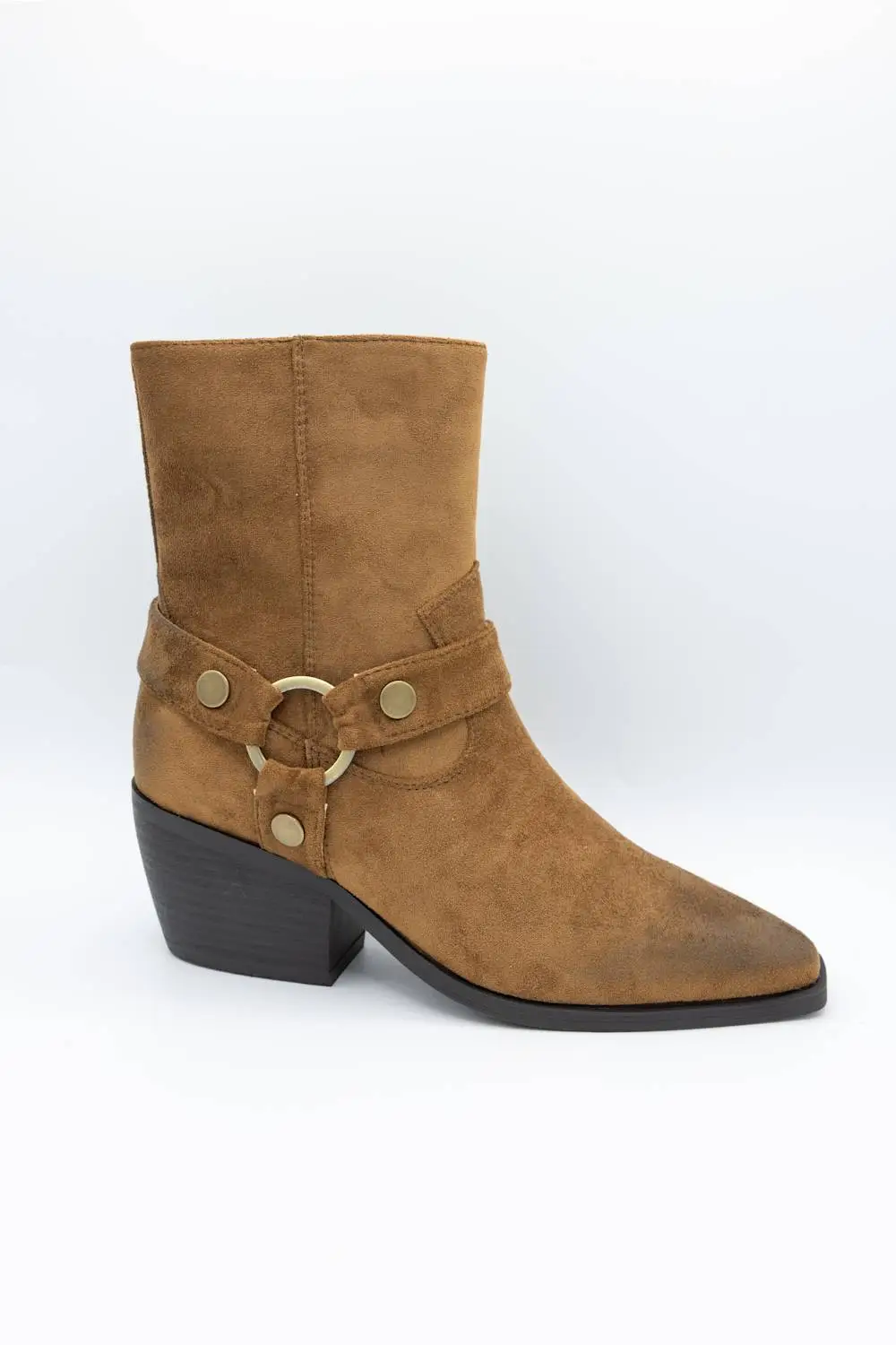 Modern Harness Suede Pointed Toe Mid Calf Bootie