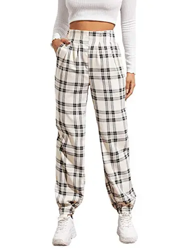 Women's Plaid Elastic High Waist Casual Tartan Pants with Pockets