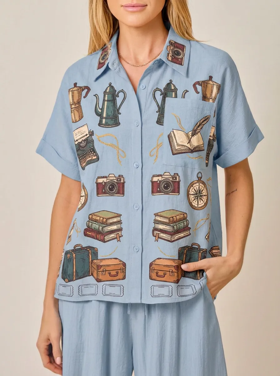 Women's Travel Hobbyist Books Camera Printed Button-up Shirt