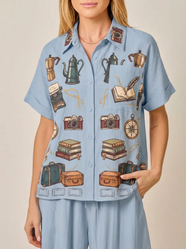 Women's Travel Hobbyist Books Camera Printed Button-up Shirt