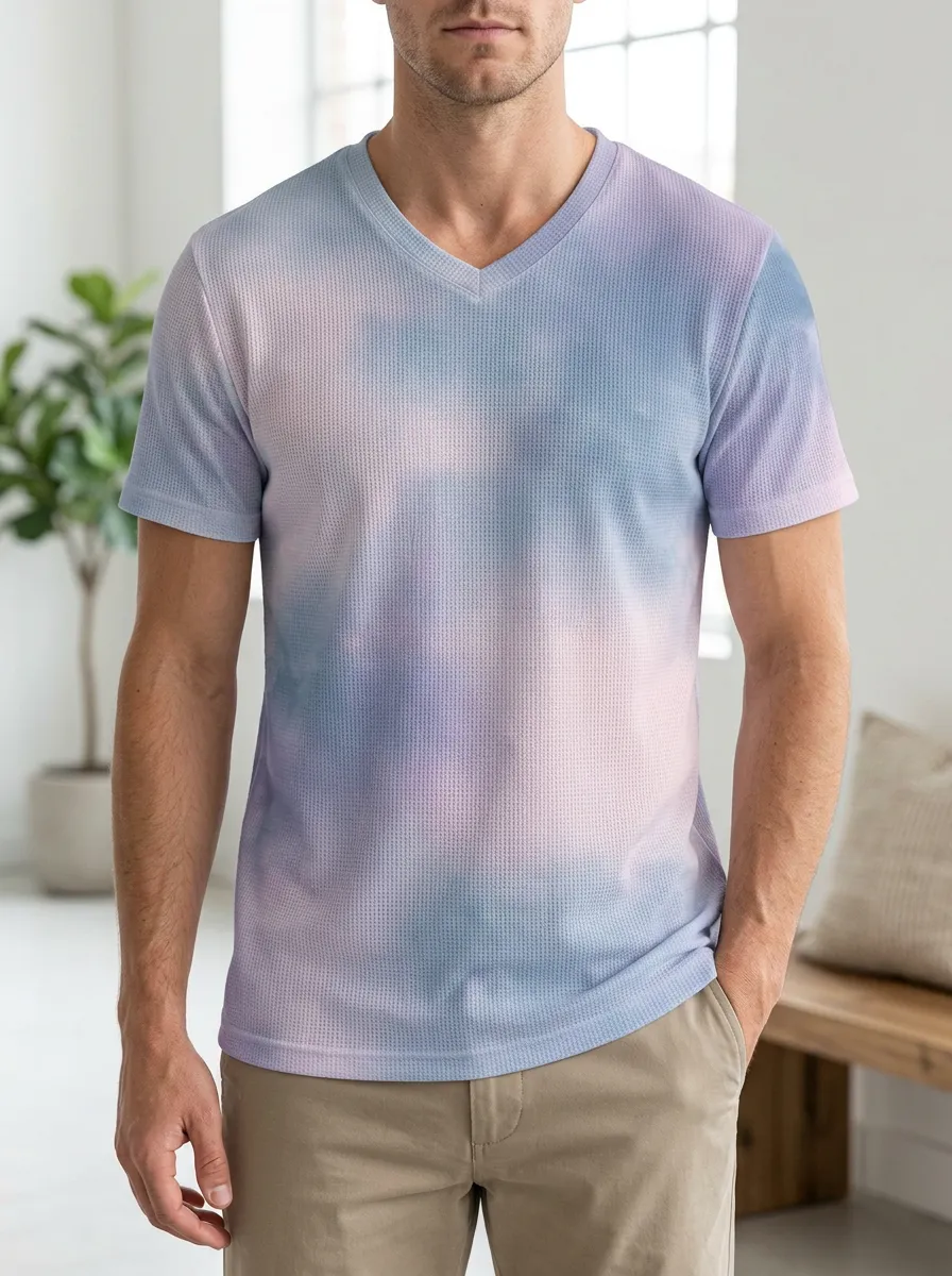 Men's Fresh Pastel Tie-Dye Waffle Knit V-Neck T-Shirt