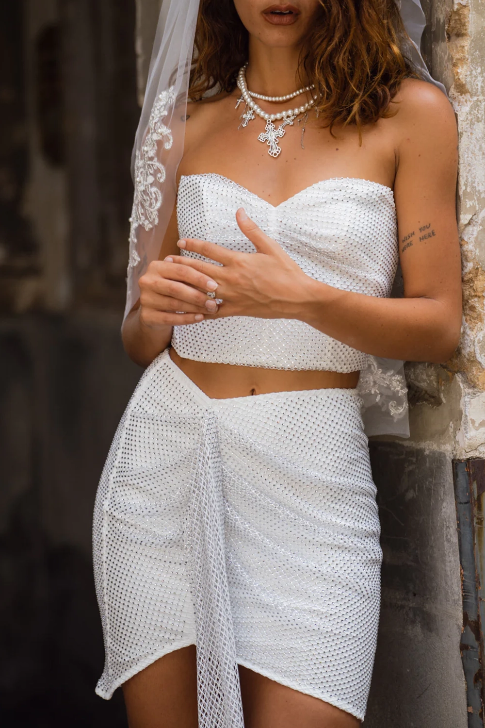 Rhinestone Mesh Strapless Top