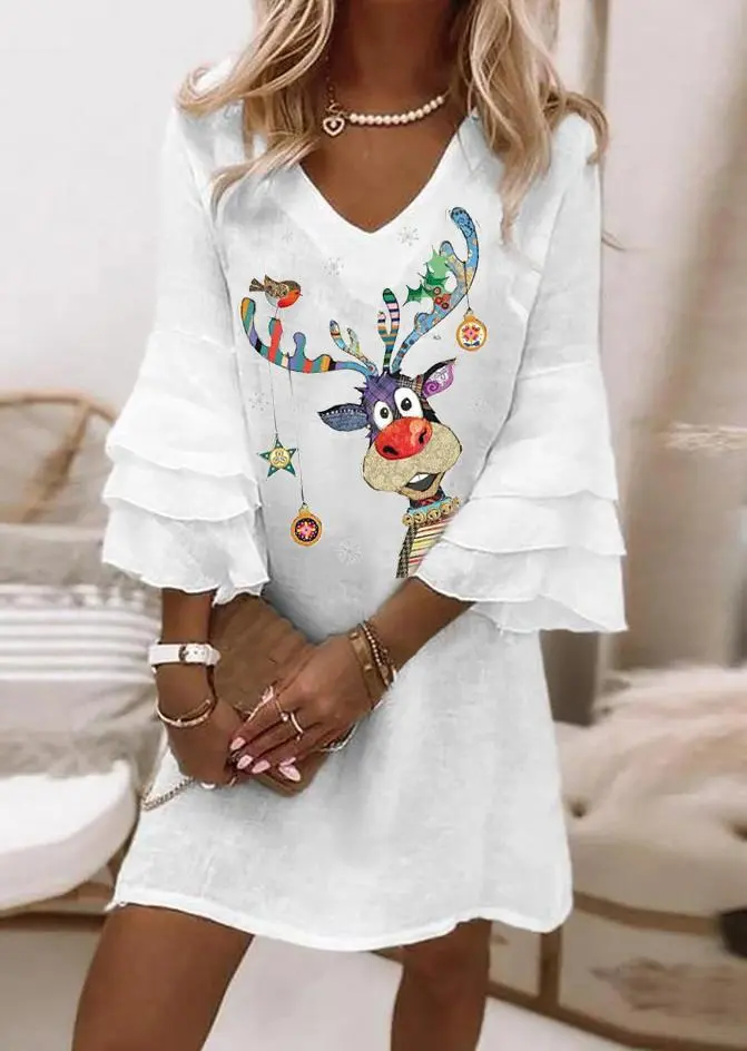 Attractive Cartoon Print 3/4 Sleeve Mini Dress