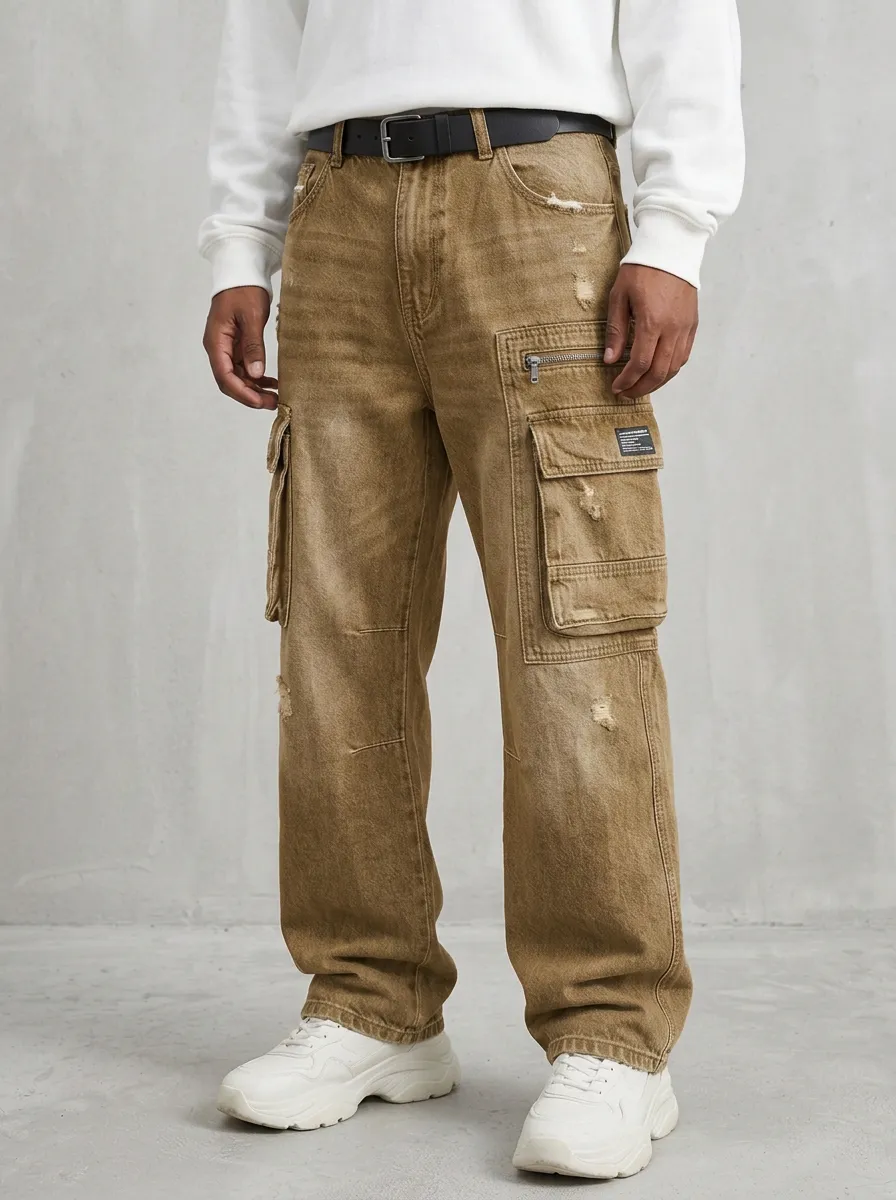 Men's Mid-Blue Zip-Pocket Straight-Leg Denim Cargo Pants