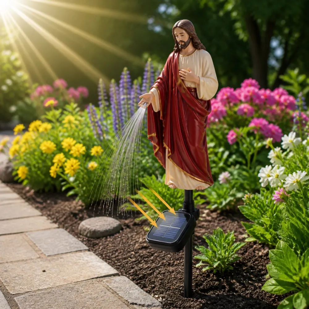 Solar Powered Jesus Light Statue - Flowing Fiber Optic Waterfall Garden Stake