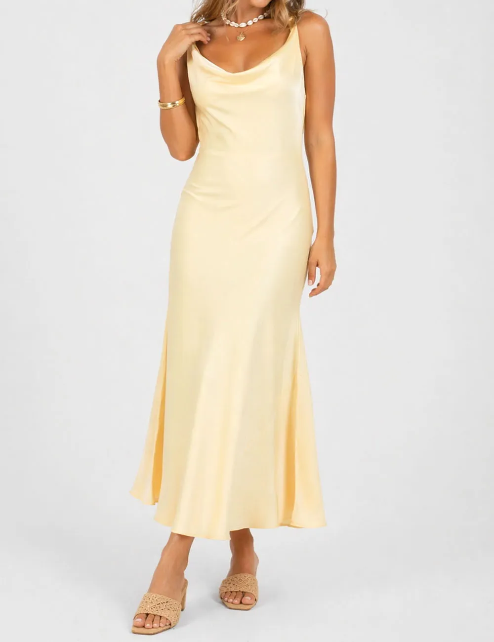 Chic Satin Cowl Neck Sleeveless Back Midi Dress