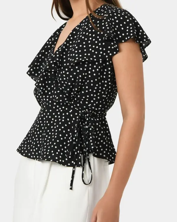 Polka Dot Design Ruffle Wrap Blouse