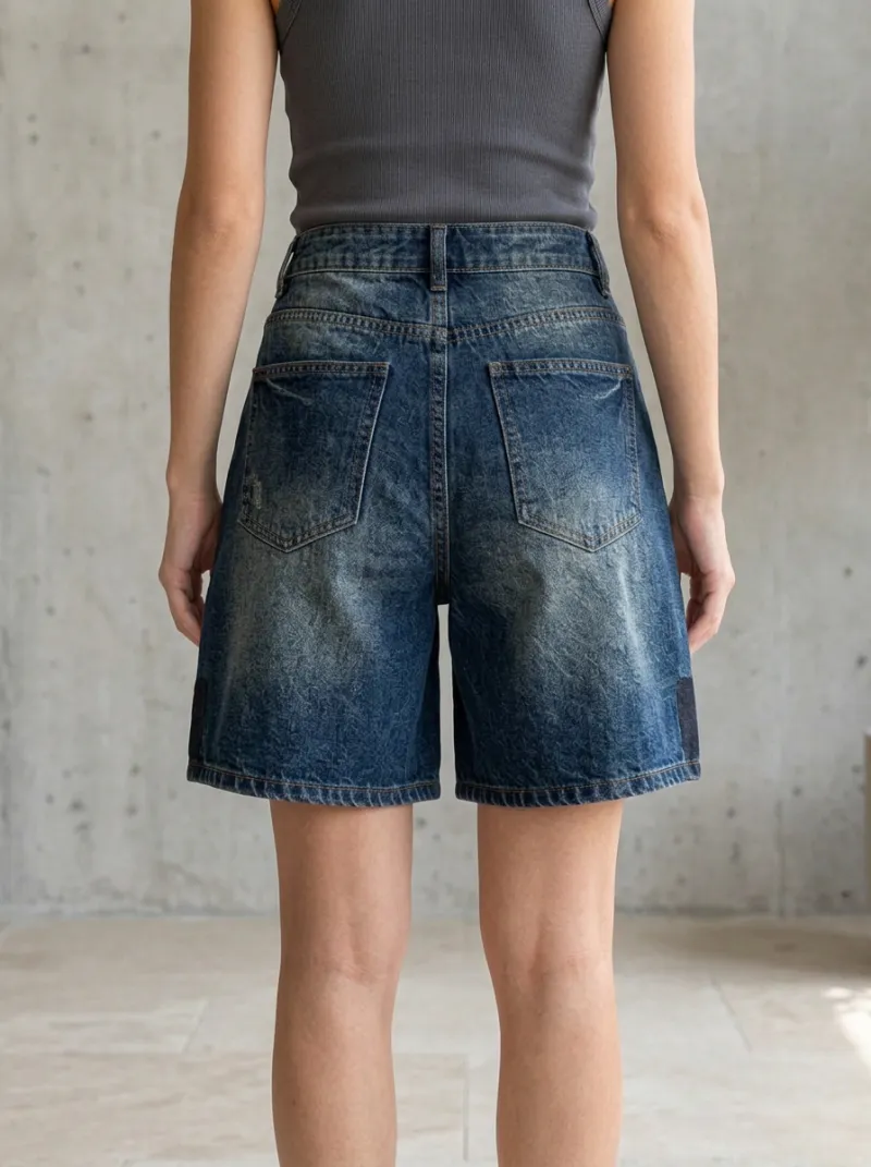 Women's Vintage Wash High-Waisted Patch Pocket Denim Shorts