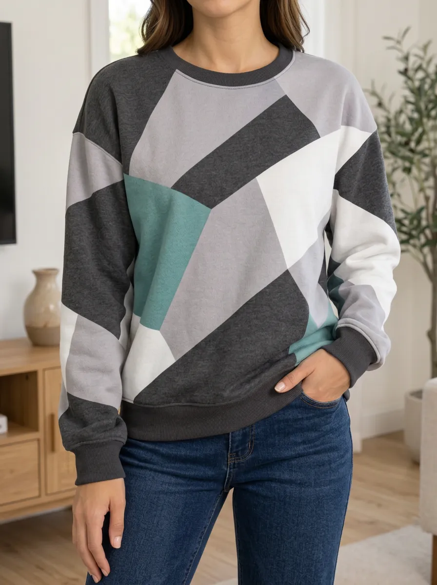 Women's Multi-Tone Geometric Print Crewneck Sweatshirt