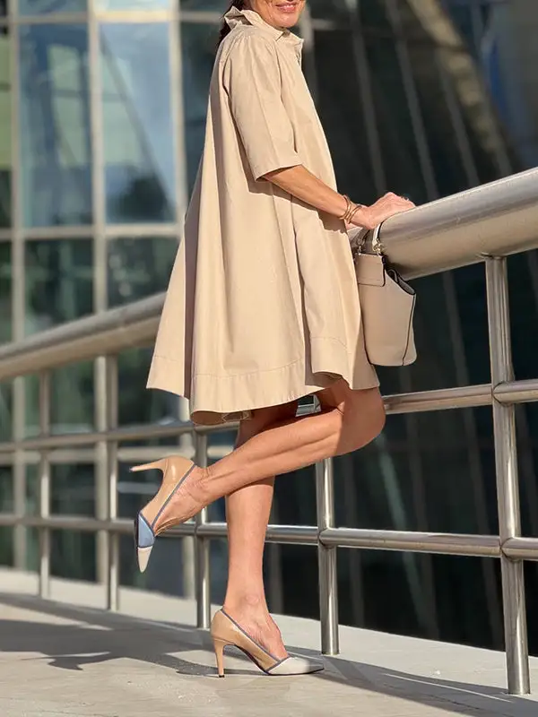 A Line Short Sleeve Solid Color Split Joint Lapel Mini Dress