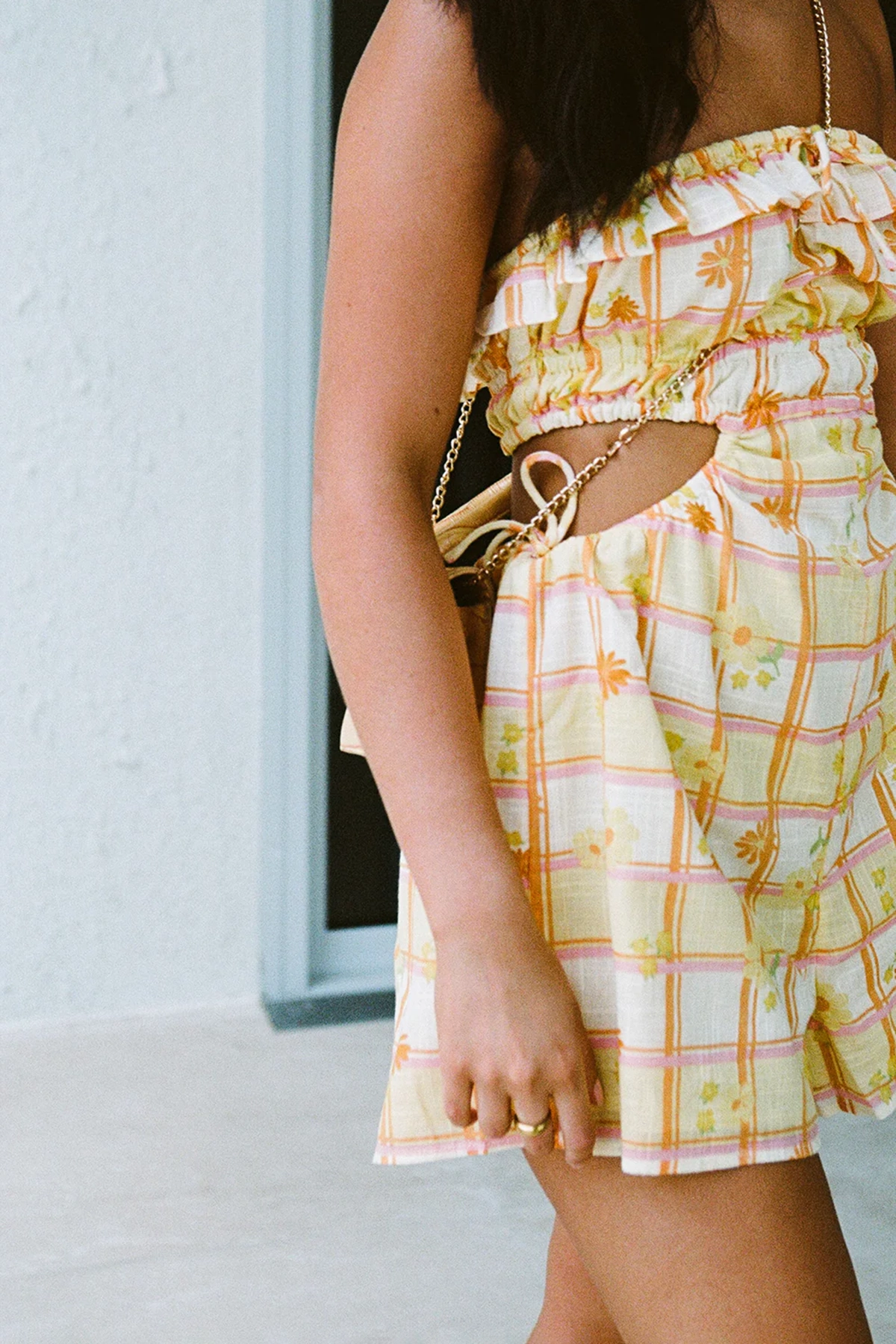 Strapless Plaid Cut Out Romper