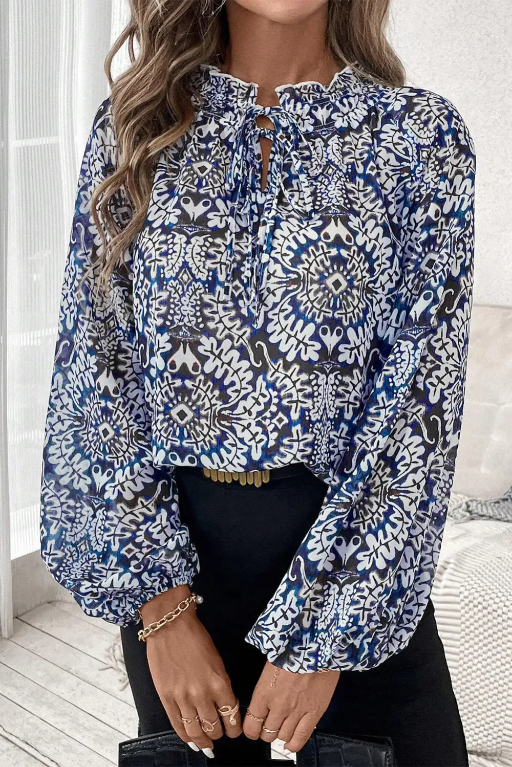 Blue Tribal Print Lace-Up Frilled Neck Puff Sleeve Blouse