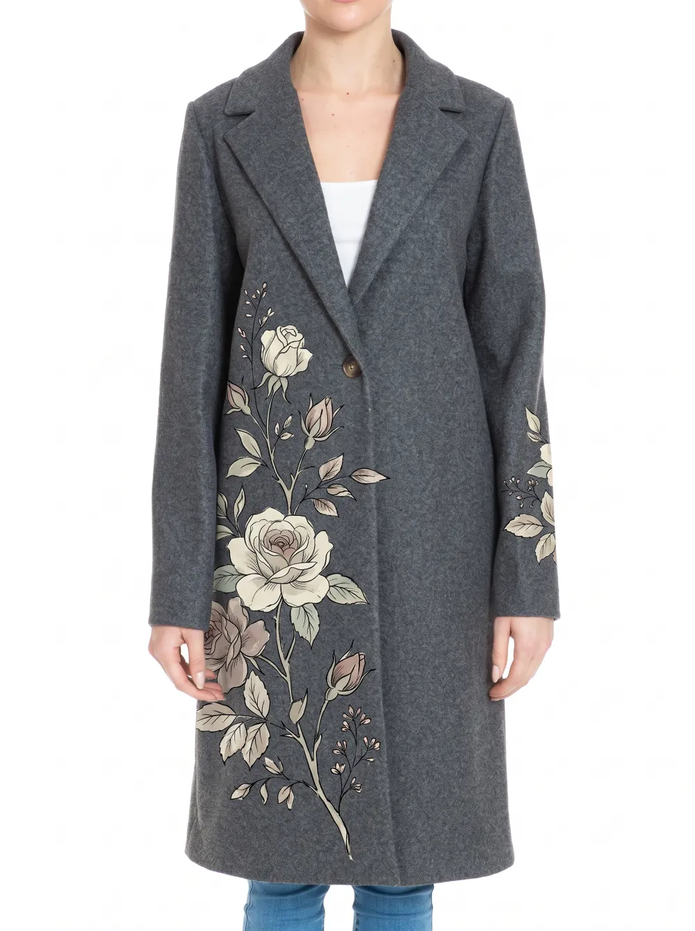 Women's Floral Rose Botanical Printed Wool Coat