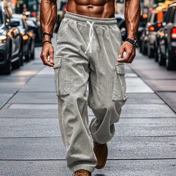 Men's Loose Corduroy Cargo Pants Waistband Pockets