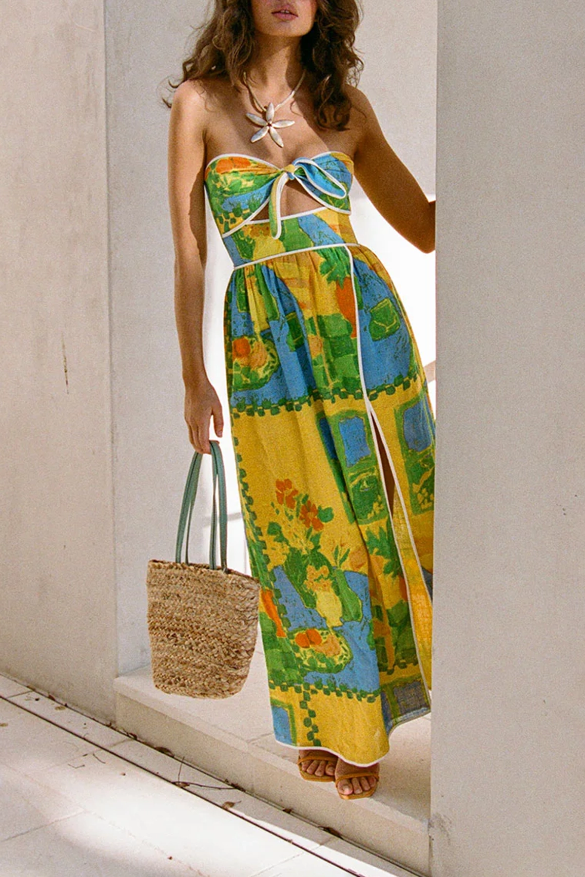 Color Blocked Strapless Slit Midi Dress