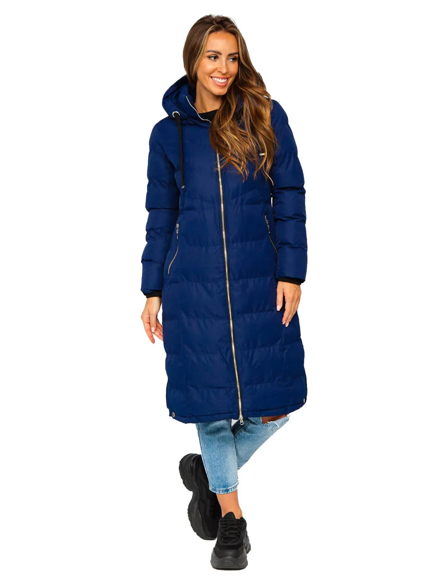 Dark blue women's long quilted winter jacket with hood