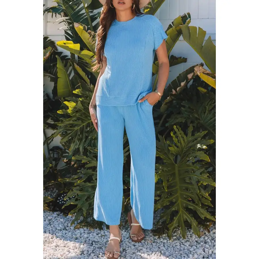 Ribbed Knit Round Neck Top and Pants Casual Set
