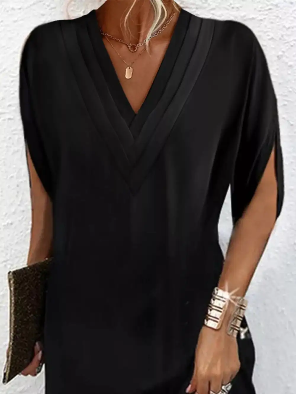 V-Neck Side Slit Mini Dress