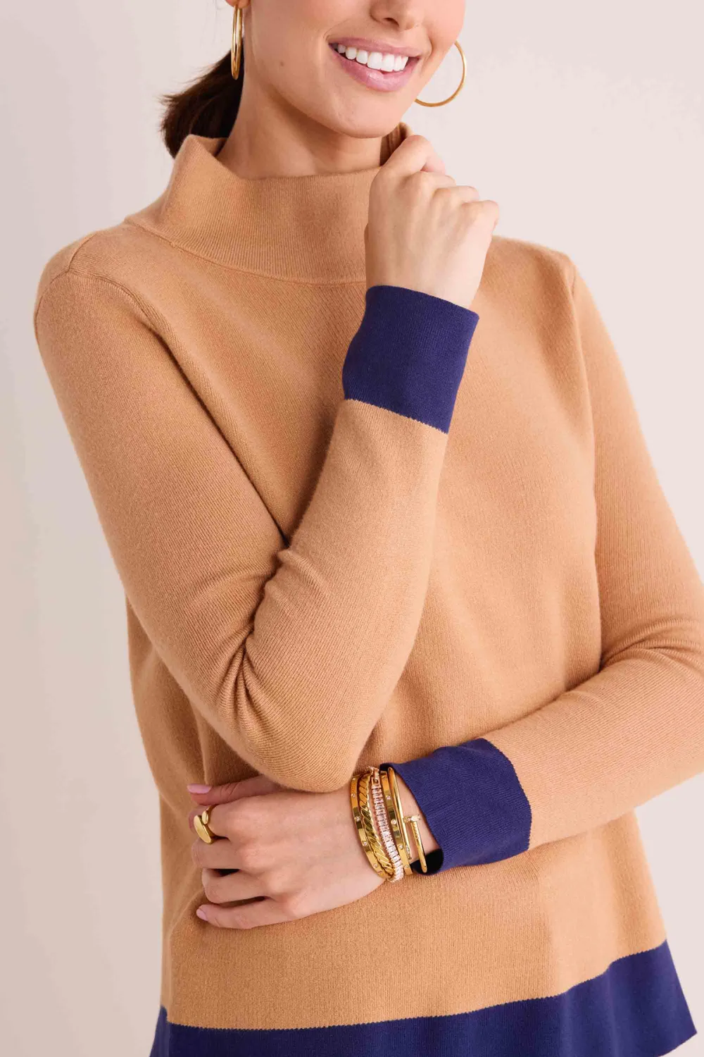 Camel Mock Neck Contrast Cuff Cropped Sweater