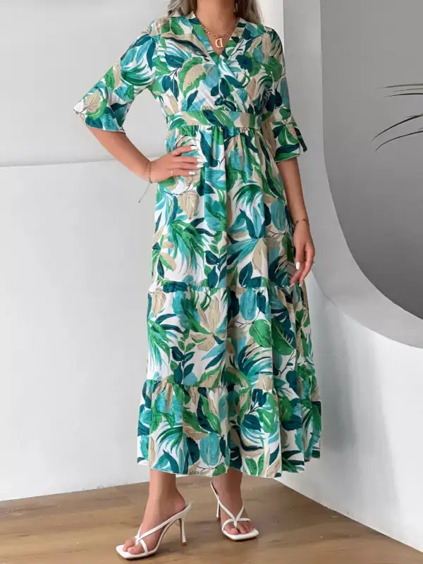 Leaf Print Tiered Midi Dress