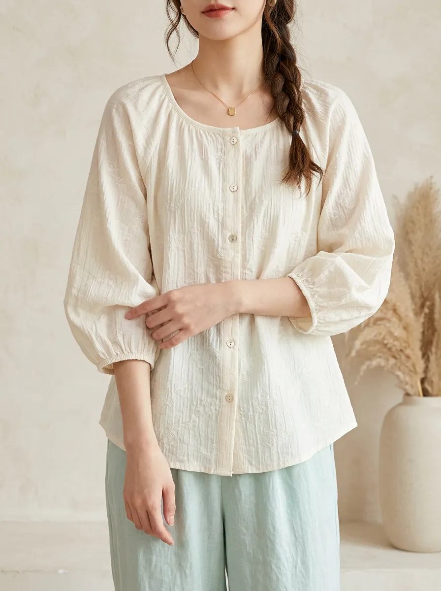 Embroidered Button-Front Floral Women's Puff-Sleeve Blouse