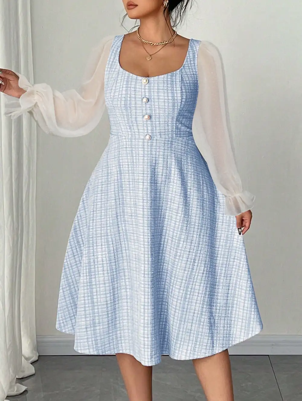 Chiffon Patchwork Sleeve Backless High Waisted Dress