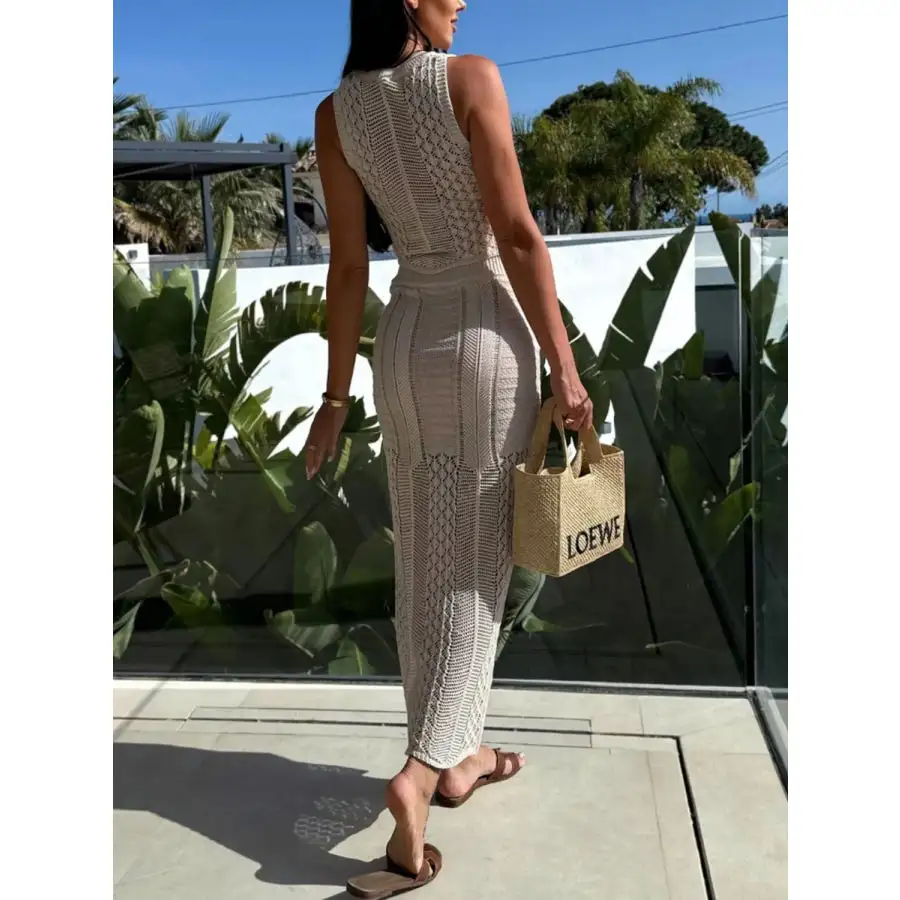 Openwork Round Neck Top and Slit Skirt Sweater Set