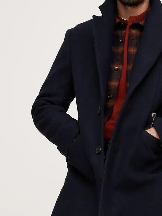 Men's Long Navy Blue Wool Coat