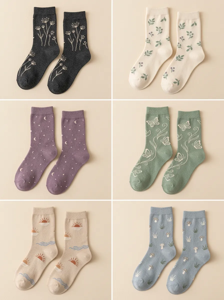 Women's Botanical Celestial Floral Ribbed Crew Socks Six Pair Set