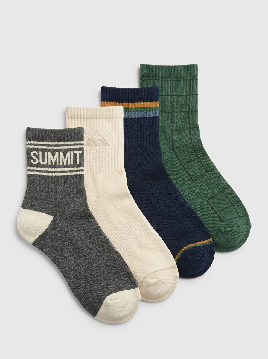 Mountain Motif Cross Motif Striped Ribbed Texture Men's Crew Socks Four-Pair Pack