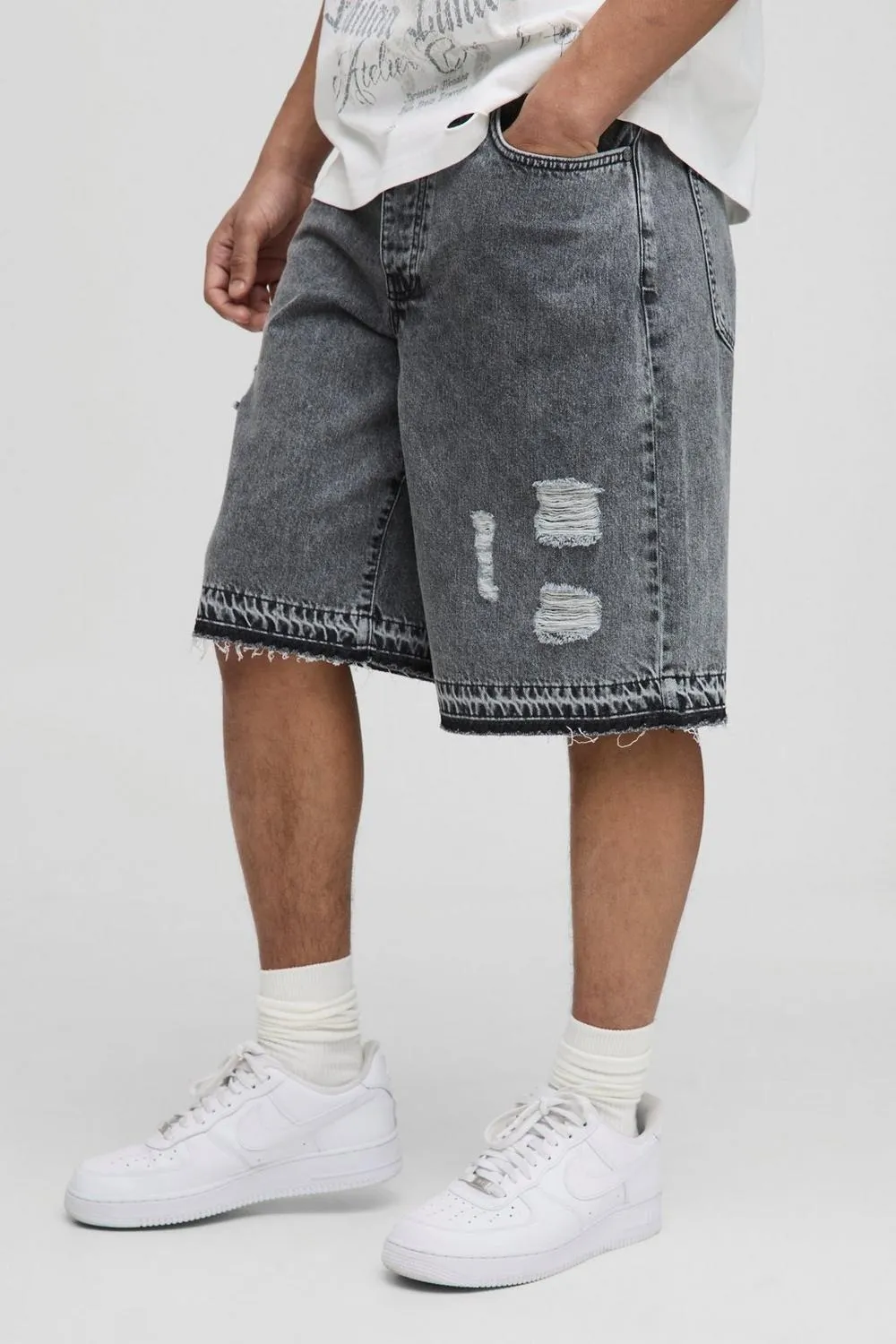 Antique Blue Medium Stretch Washed Ripped Denim Jorts Daily