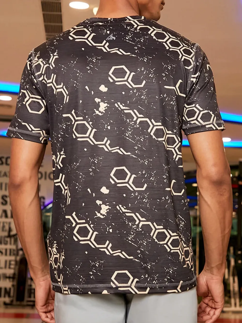 Black Crew Neck Sporty Geometric T-Shirt