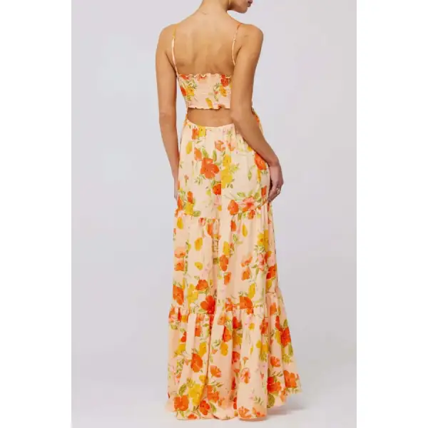 Floral Print Tie Front Tiered Maxi Dress