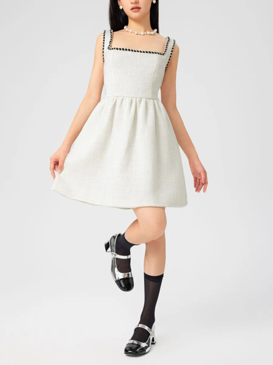 Tweed U-Neckline Solid Mini Dress