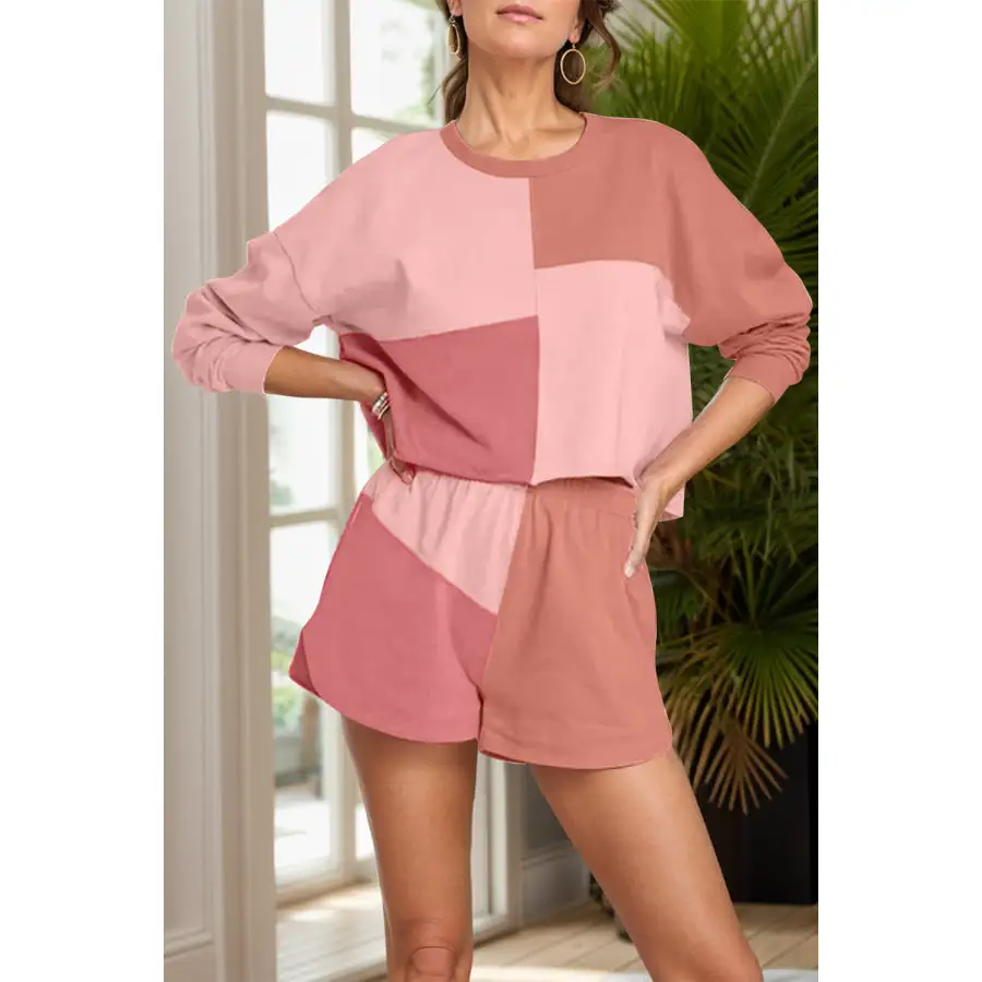 Block Round Neck Top and Shorts Set