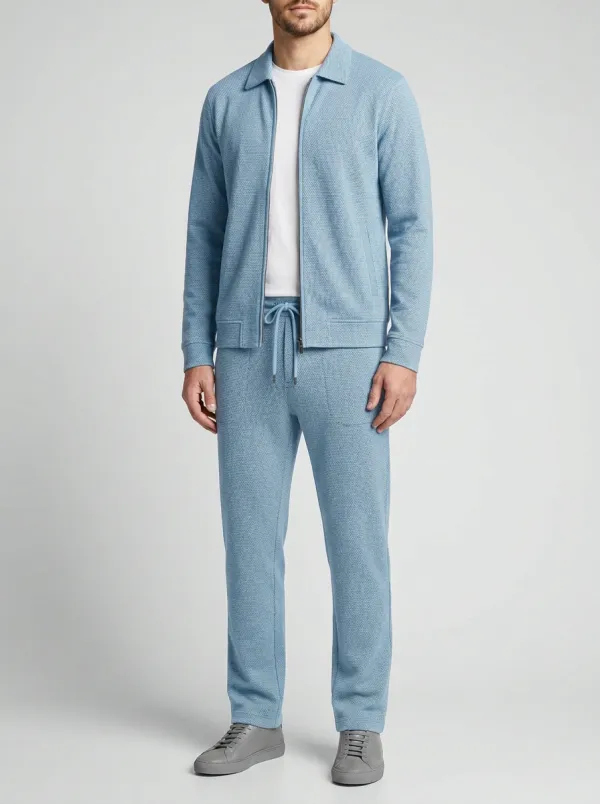 Men's Everyday Textured Zip-Up Minimal Polo Collar Jacket and Jogger Pants Set