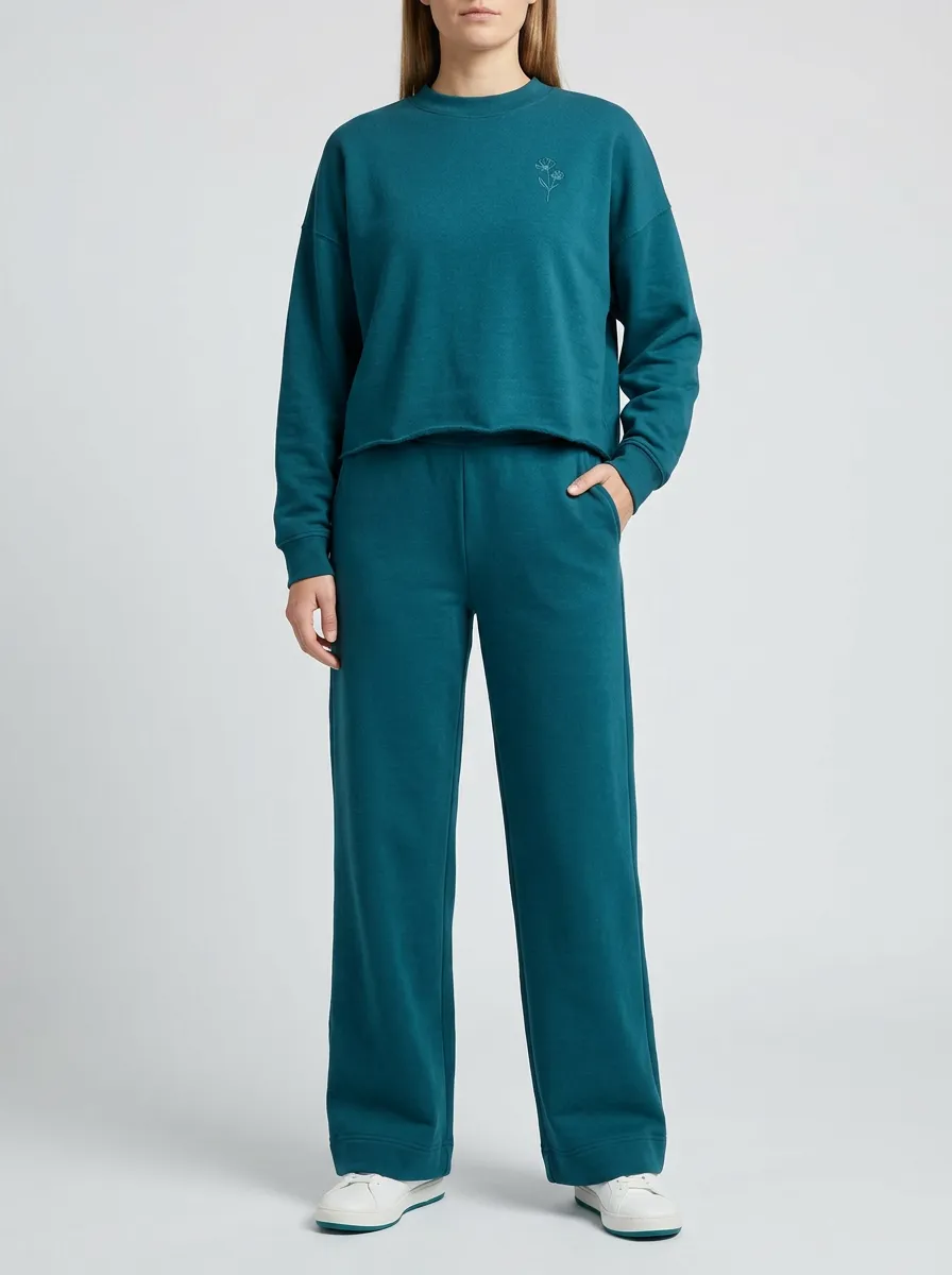 Casual Teal Sweatshirt and Pants with Floral Detail Print