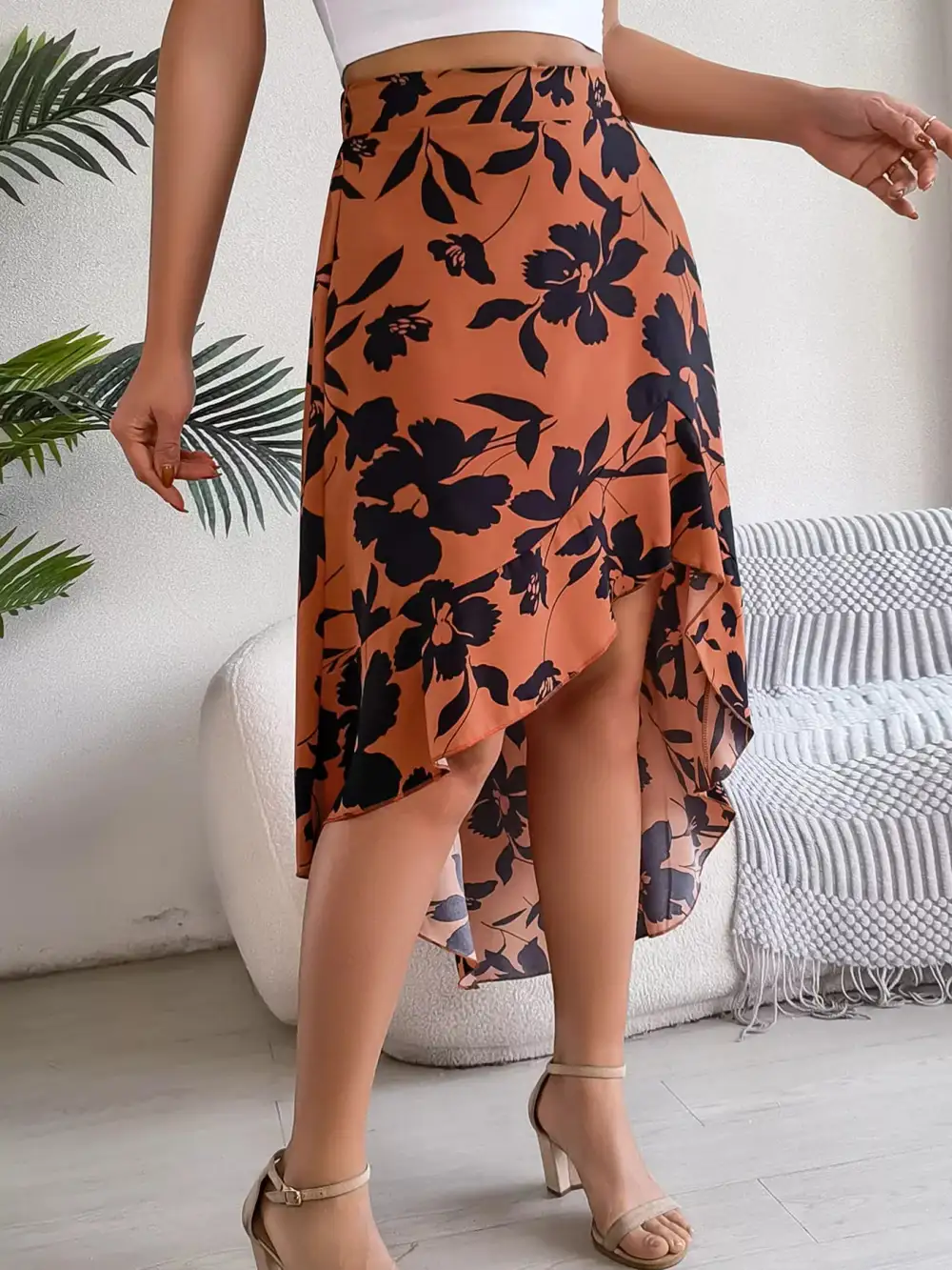 Print Ruffle Hem Asymmetrical Skirt