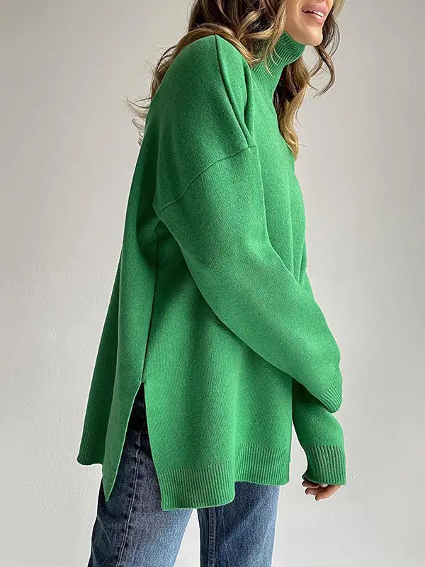 Casual Split Hem High Neck Long Sleeve Relaxed Fit Easy Fit Sweater